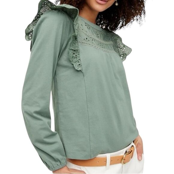 J Crew Top Women’s M Green Long-sleeve Eyelet Ruffle Cotton BN638 Modest Dainty - Picture 7 of 13